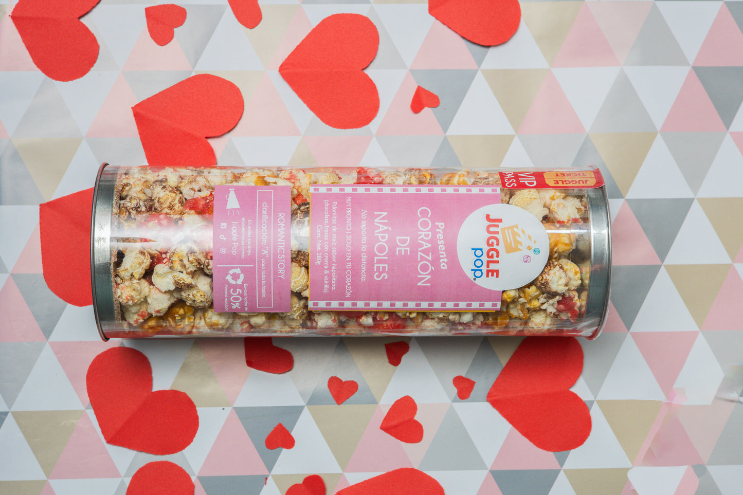 Cilindro Palomitas Corazon de Nápoles (Chocolate, Fresas con crema & Vainilla)