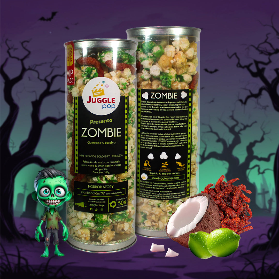 Cilindro Palomitas Zombie (Coco y limón con lombrices de gomita)