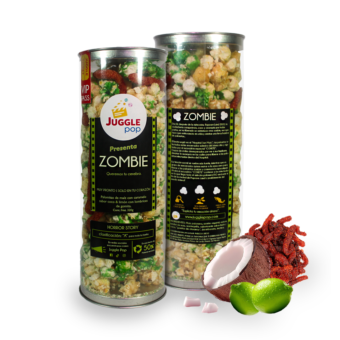 Cilindro Palomitas Zombie (Coco y limón con lombrices de gomita)