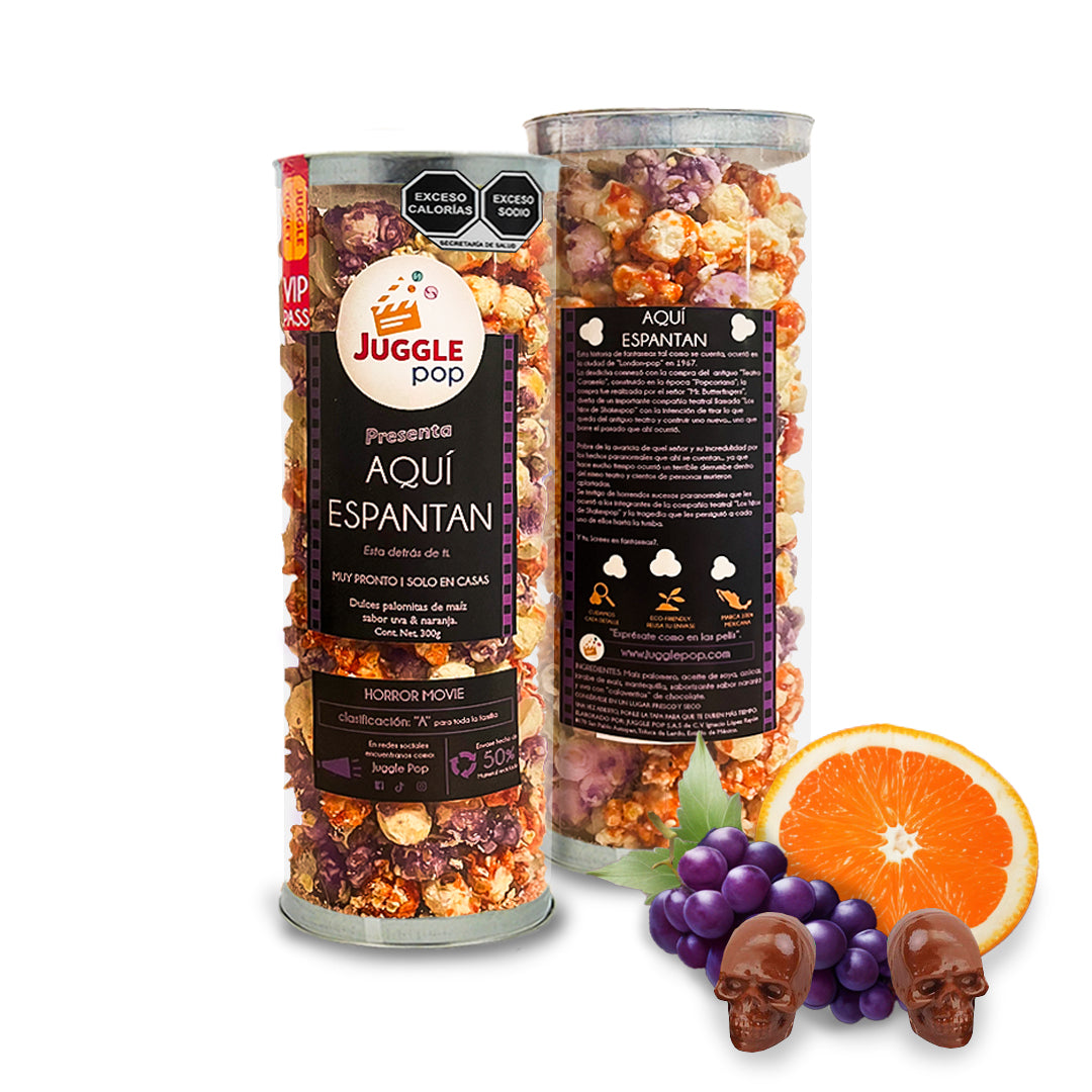 Cilindro Palomitas Aqui Espantan (Uva y Naranja con calaveritas de chocolate)