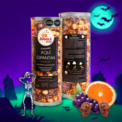 Cilindro Palomitas Aqui Espantan (Uva y Naranja con calaveritas de chocolate)