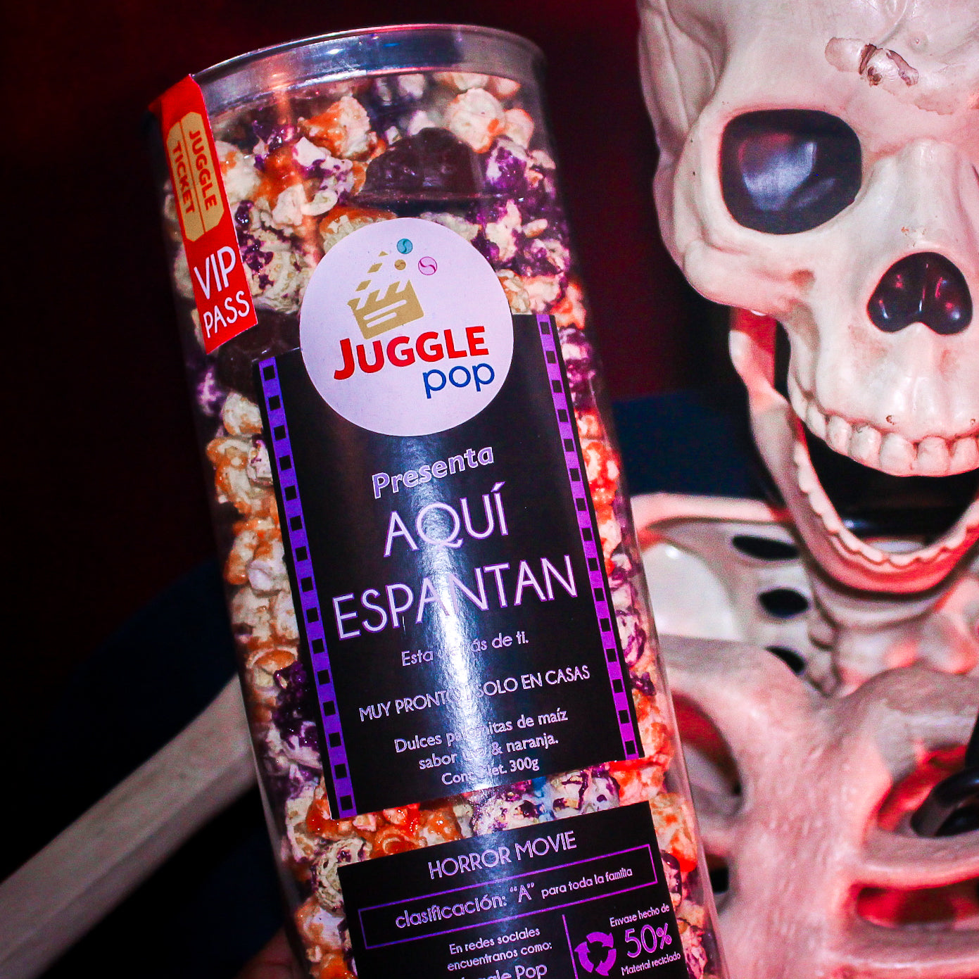 Cilindro Palomitas Aqui Espantan (Uva y Naranja con calaveritas de chocolate)